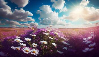 bellissimo primavera estate naturale paesaggio con un' campo di viola trifoglio fiori. ai generato. foto