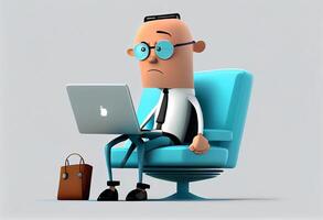 cartone animato personaggio uomo d'affari seduta nel un' sedia con il computer portatile. 3d illustrazione. ai generato. foto