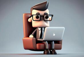 cartone animato personaggio uomo d'affari seduta nel un' sedia con il computer portatile. 3d illustrazione. ai generato. foto