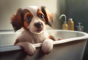 carino cucciolo cane nel vasca da bagno , animali domestici pulizia, studio sparo. ai generato. foto