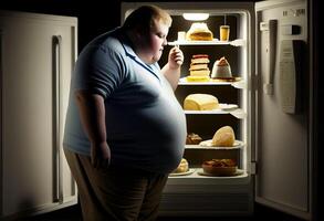Affamato obeso uomo guardare a cibo nel il frigo a casa a notte. ai generato. foto
