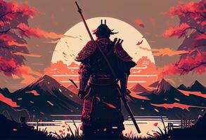 illustrazione pittura un' samurai con un' katana sta pronto per combattimento contro un' enorme esercito.. ai generato. foto