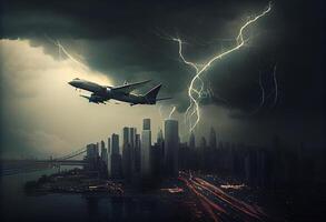 passeggeri aereo mosche nel un' tempesta al di sopra di il città . ai generato. foto