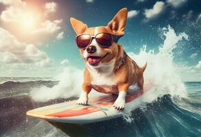 divertente cane nel occhiali da sole cavalcate un' tavola da surf su il oceano onde. estate vacanza concetto. ai generato. foto