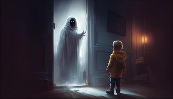 il bambino spaventoso per vedere il fantasma, digitale arte stile, illustrazione la pittura. ai generato. foto