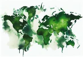 illustrato carta geografica di il mondo con un' isolato sfondo. verde Paradiso acquerello. ai generato. foto