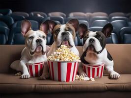 tre francese bulldog con Popcorn Guardando un' film nel cinema. ai generato foto