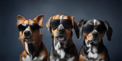 tre cane con occhiali da sole su buio sfondo. ai generato foto