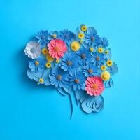 fiori crescere a partire dal il umano cervello su un' blu sfondo carta arte. ai generato. foto