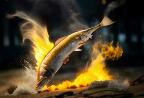grigliato succoso coda gialla pesce su fuoco. ai generato foto