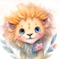 viso di kawaii Leone sorridente acquerello clipart contento. ai generato foto