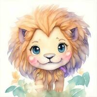 viso di kawaii Leone sorridente acquerello clipart contento. ai generato foto