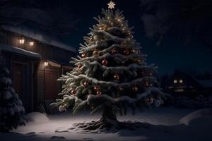 decorato Natale albero all'aperto a notte. ai generato foto