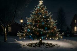 decorato Natale albero all'aperto a notte. ai generato foto