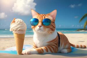 un' Zenzero gatto indossare occhiali da sole su un' tropicale spiaggia con ghiaccio crema. ai generato foto