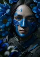 un' donna con un' blu maschera e fiori su sua viso. ai generato foto