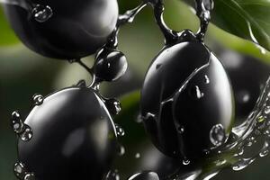 foto avvicinamento nero olive con acqua gocce. ai generato