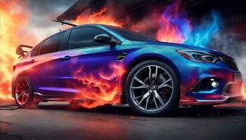 aerografia su auto lato colorato fuoco Immagine striscione. ai generato foto