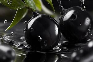 foto avvicinamento nero olive con acqua gocce. ai generato