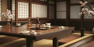 giapponese ristorante. tavoli nel un' classico stile tradizionale giapponese stile ristorante. ai generato foto