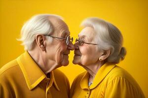 romantico nonni coppia su un' studio sfondo. generativo ai foto