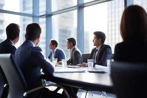 attività commerciale persone avendo un' squadra incontro nel conferenza. ai generato foto