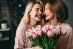 allegro giovane donna abbracciare contento anziano femmina con chiuso occhi e dando fiori. ai generato foto