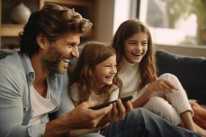 famiglia ridendo mentre seduta nel davanti di tv papà hold telefono. ai generato foto