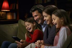 famiglia ridendo mentre seduta nel davanti di tv papà hold telefono. ai generato foto