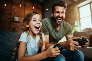 padre e figlia ridere e giocare video Giochi insieme. ai generato foto