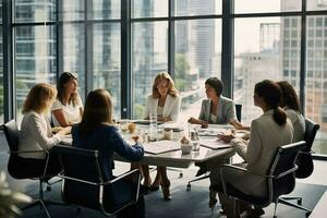 gruppo di donne d'affari avendo un' incontro nel un' sala riunioni. ai generato foto