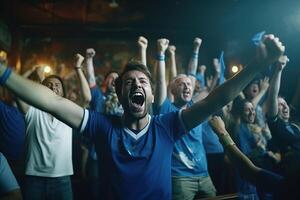 gruppo di calcio fan applauso urlando raccolta mani. ai generato foto