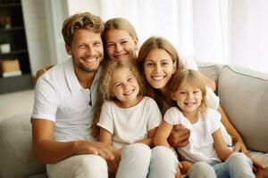 contento famiglia madre padre e bambini a casa. ai generato foto