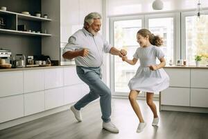 contento nonno e nipotina danza per musica. ai generato foto