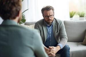 mentale Salute problemi uomo ricevente Consulenza . ai generato foto