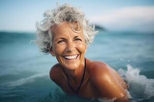 ritratto di maturo anziano donna nel il mare . ai generato foto