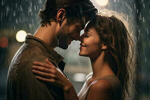 romantico coppia abbracciare nel il pioggia. ai generato foto