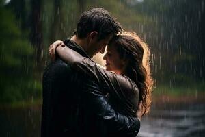 romantico coppia abbracciare nel il pioggia. ai generato foto