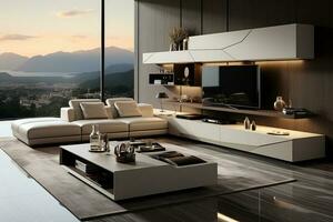 moderno vivente camera professionalmente progettato. Aperto concetto. minimalista. ai generato foto