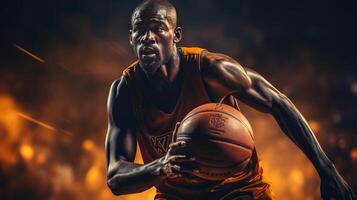 un' pallacanestro giocatore con il suo mani su il sfera, nel il stile di softbox illuminazione, buio giallo e buio Marrone. ai generato foto