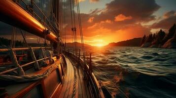 un' barca con vela ruota a tramonto, nel il stile di fotorealistico pastiche. ai generato foto