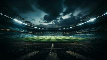 un' calcio stadio pieno con verde erba e fan a notte, nel il stile di buio grigio e leggero ciano. ai generato foto