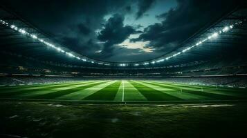 un' calcio stadio pieno con verde erba e fan a notte, nel il stile di buio grigio e leggero ciano. ai generato foto