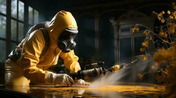 un dipendente spruzzatura un' Casa utilizzando un' gas motorizzato pesticida, nel il stile di monocromatico interni, leggero giallo. ai generato foto
