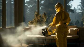 un dipendente spruzzatura un' Casa utilizzando un' gas motorizzato pesticida, nel il stile di monocromatico interni, leggero giallo. ai generato foto