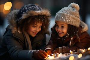 bambini edificio un' pupazzo di neve nel un' inverno Paese delle meraviglie, Natale. ai generato foto