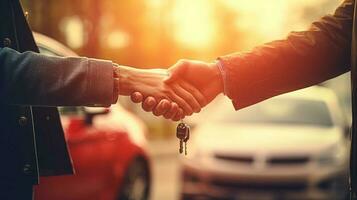 Due persone dando strette di mano al di sopra di auto chiavi. ai generato foto