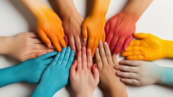 molti diverso mani di bambini organizza nel un' cerchio con il mano palme dipinto con colorato dipingere, bianca sfondo,. ai generato foto