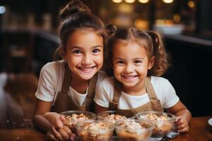 ritratto di 2 ragazza ragazzo fabbricazione torta forno nel cucina. ai generato foto