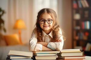 ritratto di un' contento bambino poco ragazza con bicchieri seduta su un' pila di libri e lettura un' libri. ai generato foto